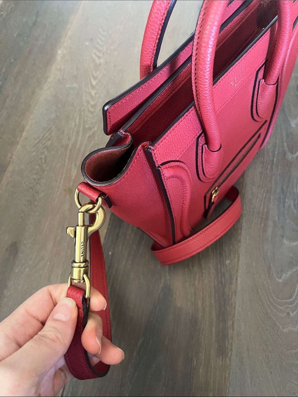 Celine Red Grained Leather Nano Luggage Tote with Shoulder Strap - Picture 10 of 11